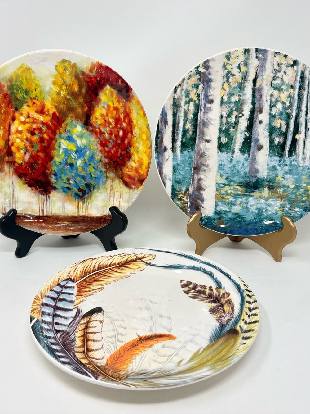 3pc Pier 1 Imports Ironstone Salad Plate 8.75” Maple Grove Birch Forest Feather
